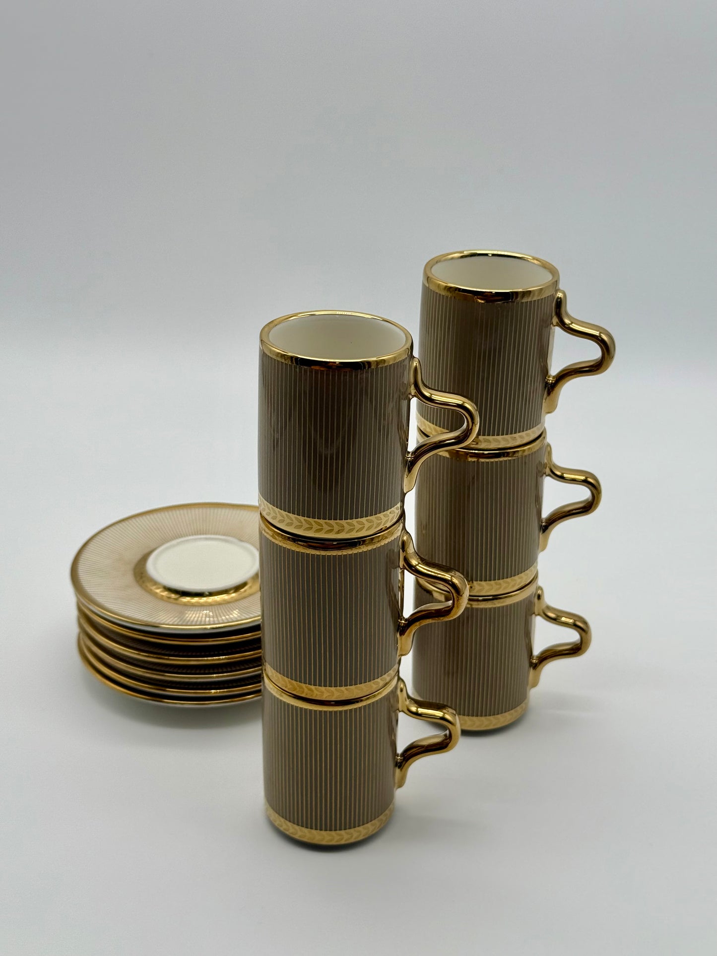 Luxury Taupe & Gold Coffee Cup Set with Saucers – 12 Piece Modern Ceramic Turkish Arabic Espresso Cups (6 Cups & 6 Saucers) Mugs