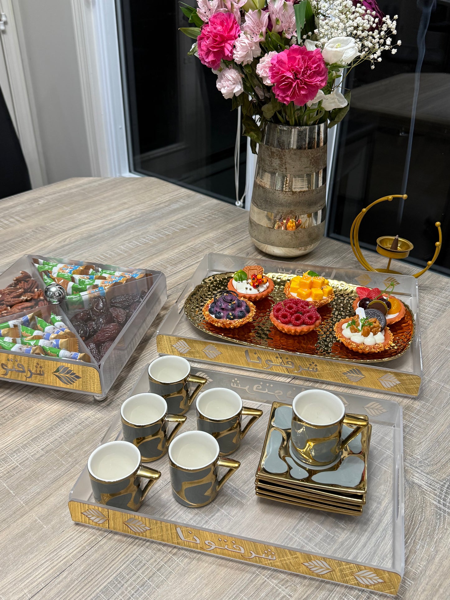 BUNDLE SET - 3 Pcs Arabic Calligraphy Acrylic Snack Organizer & Serving Trays – “Sharaftuna” 4-Section Candy, Dates & Nuts Box with Lid (Gold Ramadan Eid Decor)