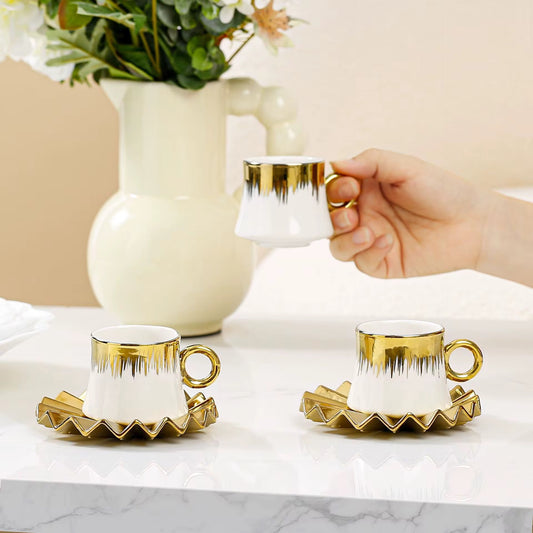 Turkish Coffee Cup Set of 6 with Saucers - 12 pieces Luxury Arabic Ceramic Tea Cups for Espresso White & Gold 100 ml