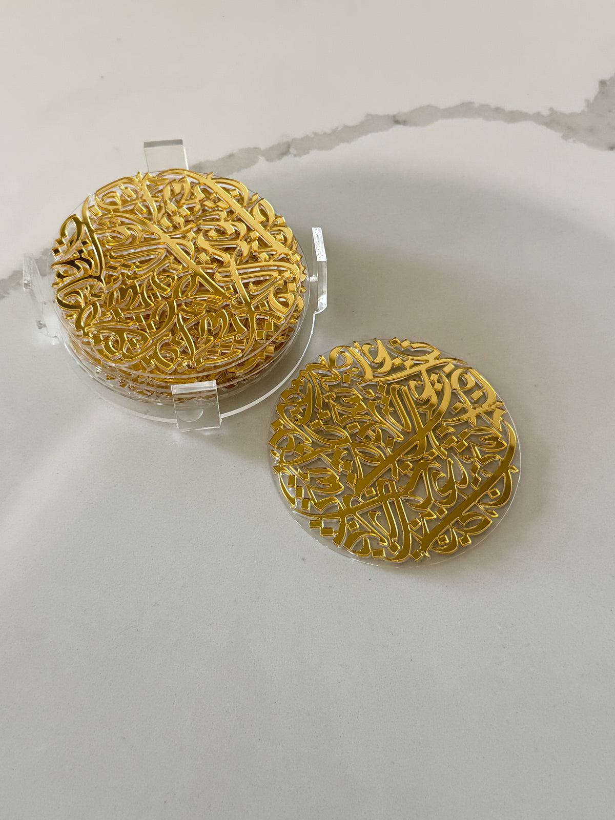 7 pcs Arabic Calligraphy Acrylic Coasters by Khatt By Randa | Black & Gold Set of 6 & Coaster Holder