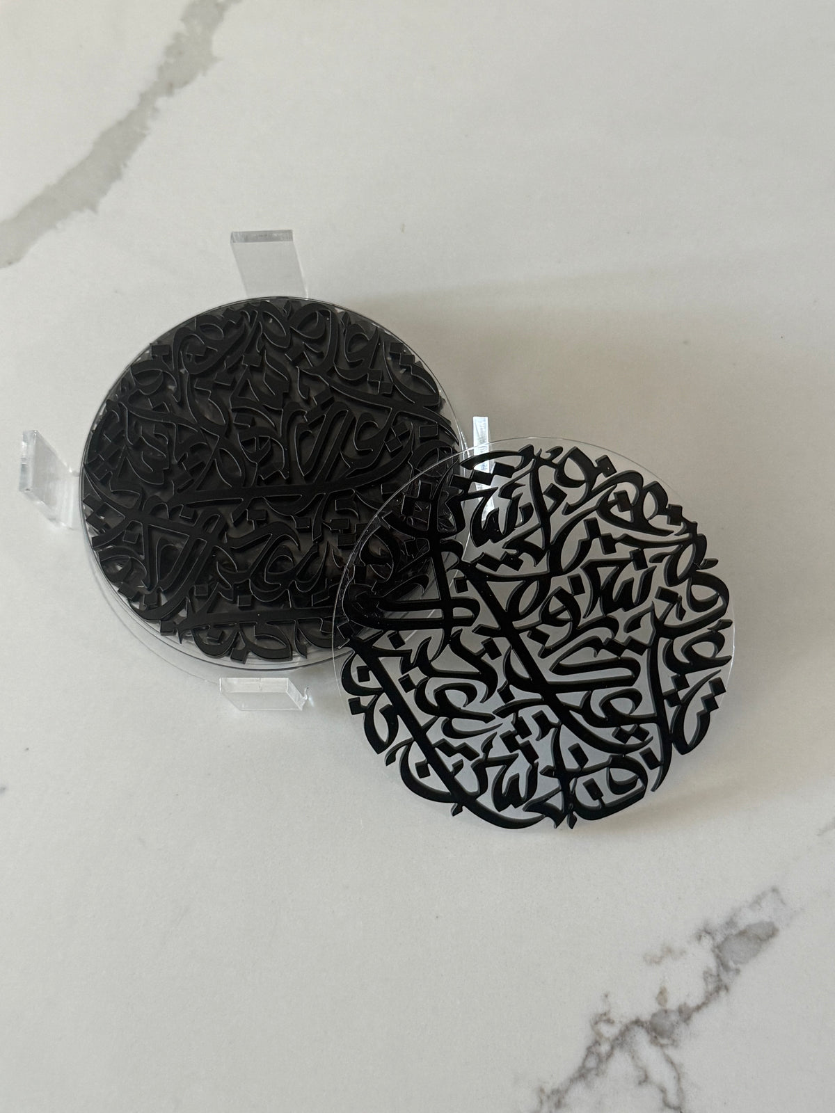 7 pcs Arabic Calligraphy Acrylic Coasters by Khatt By Randa | Black & Gold Set of 6 & Coaster Holder