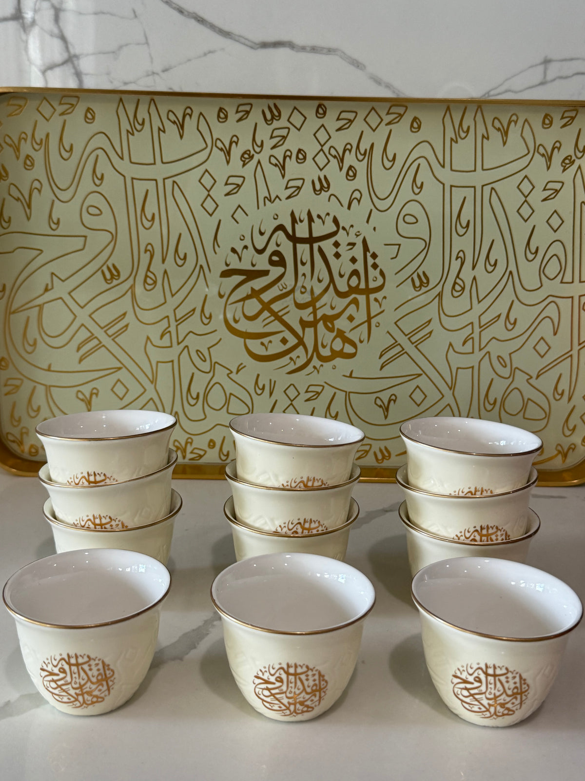 12 pcs Luxury Off-White Arabic Calligraphy Coffee Cup Set – 12 Piece Ceramic Espresso Arabic Turkish Cups Gift Ideas