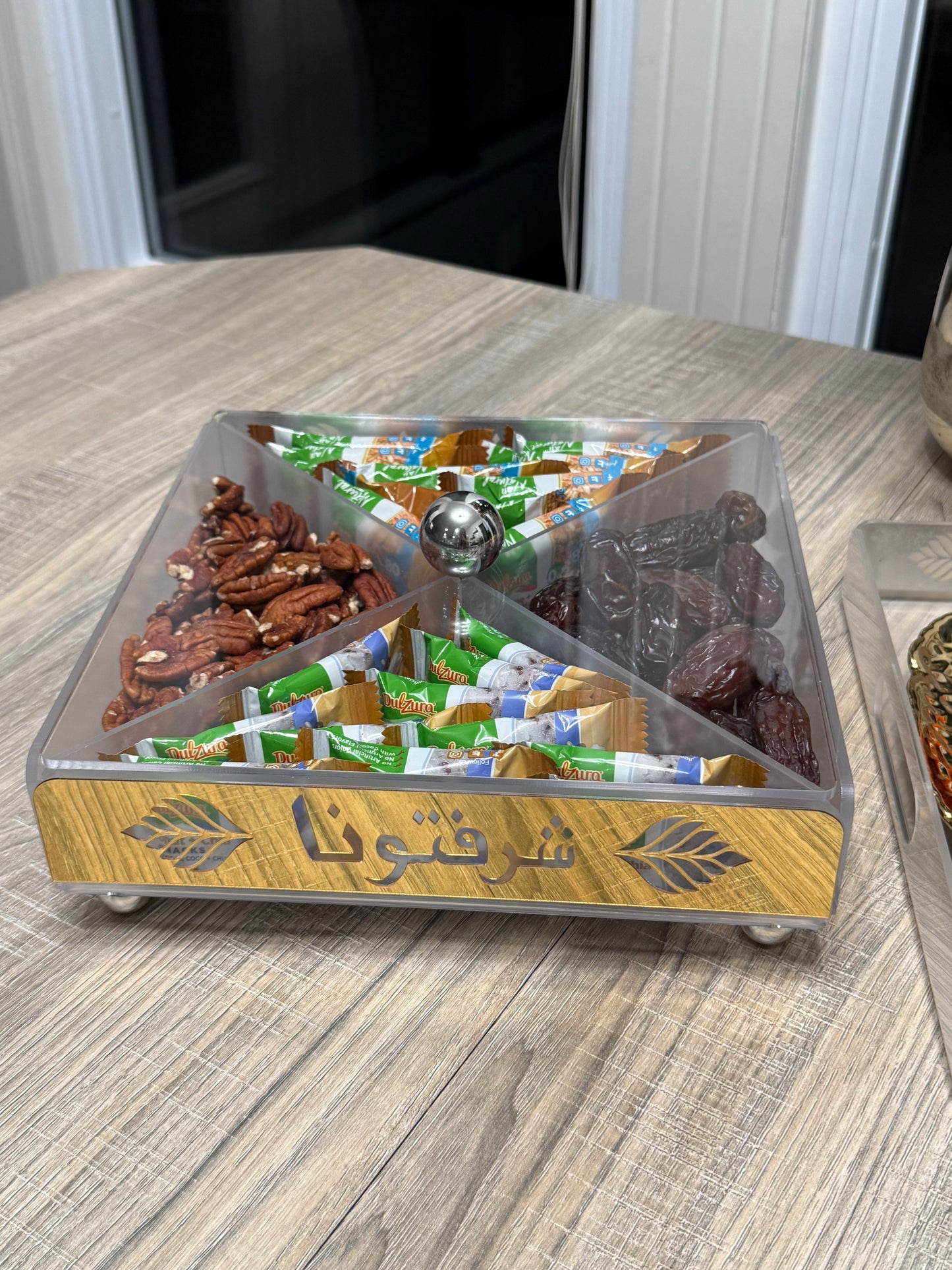 BUNDLE SET - 3 Pcs Arabic Calligraphy Acrylic Snack Organizer & Serving Trays – “Sharaftuna” 4-Section Candy, Dates & Nuts Box with Lid (Gold Ramadan Eid Decor)