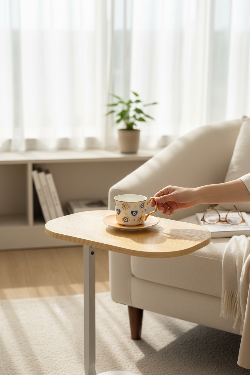 Modern C-Shaped Side Table - Light Brown Beige Wood Color Top with White Wood Base - Couch Laptop Stand End Table