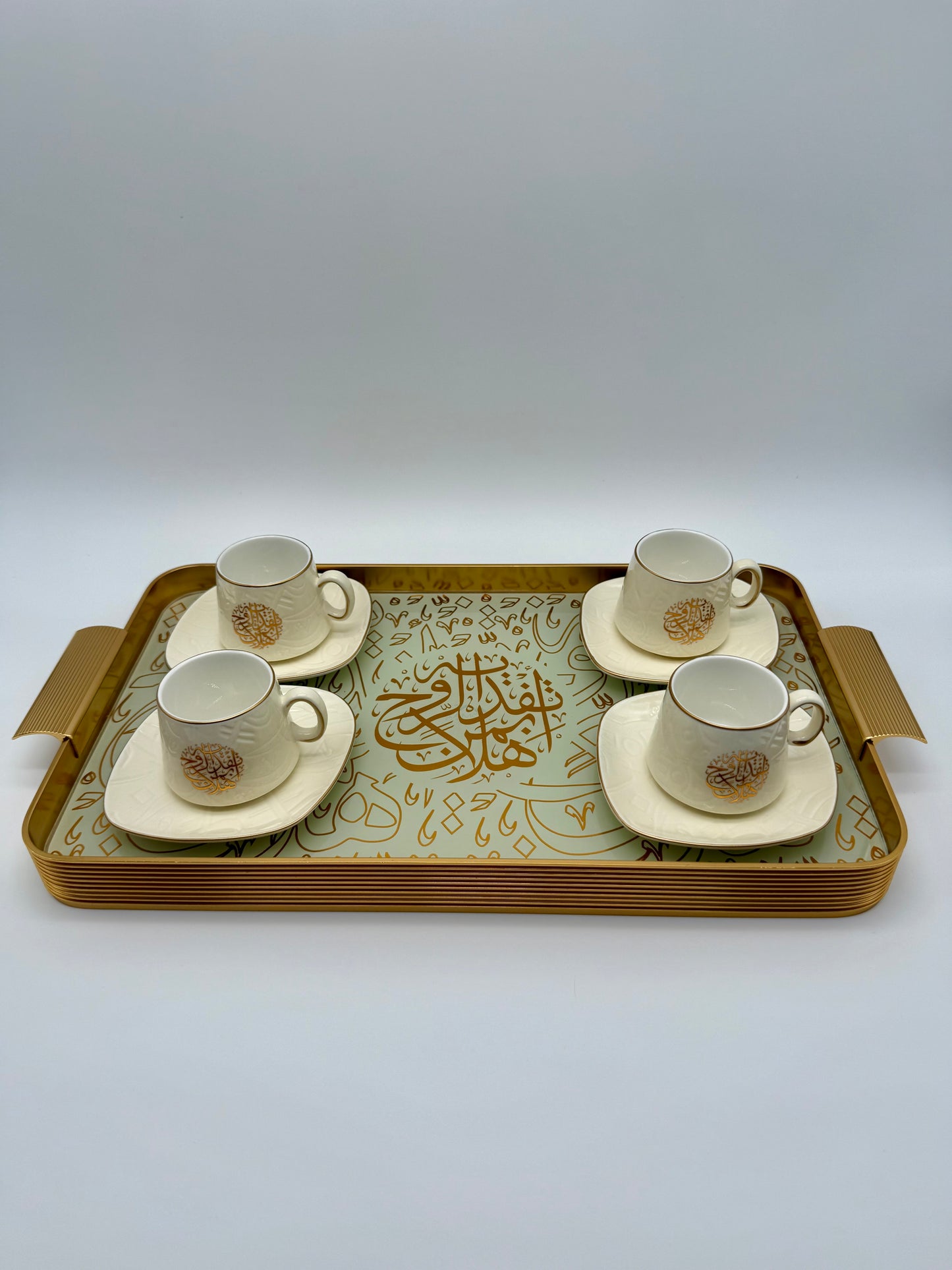 BUNDLE SET - Luxury Off-White Arabic Calligraphy Coffee Cup & Tray Set – 13 Piece Porcelain Espresso Cups with Glass & Metal Serving Tray