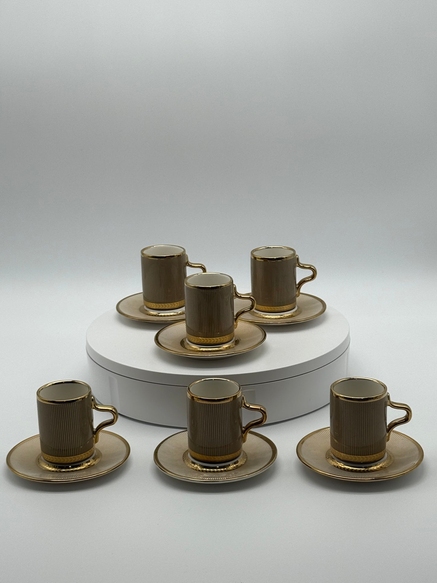 Luxury Taupe & Gold Coffee Cup Set with Saucers – 12 Piece Modern Ceramic Turkish Arabic Espresso Cups (6 Cups & 6 Saucers) Mugs