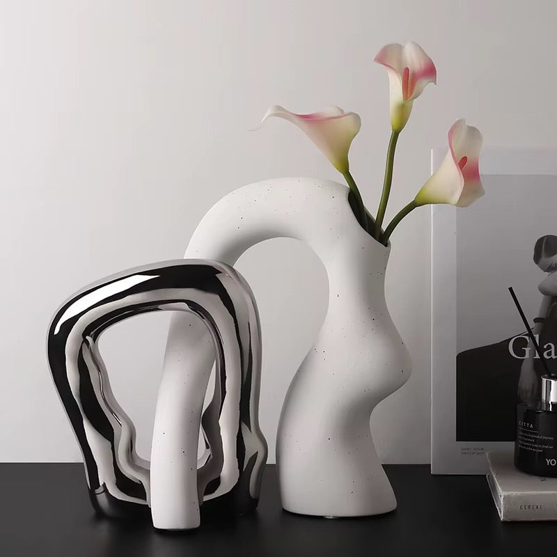 Modern Ceramic Intertwining Vase Set of 2 – White & Metallic Silver Sculptural Decorative Vases