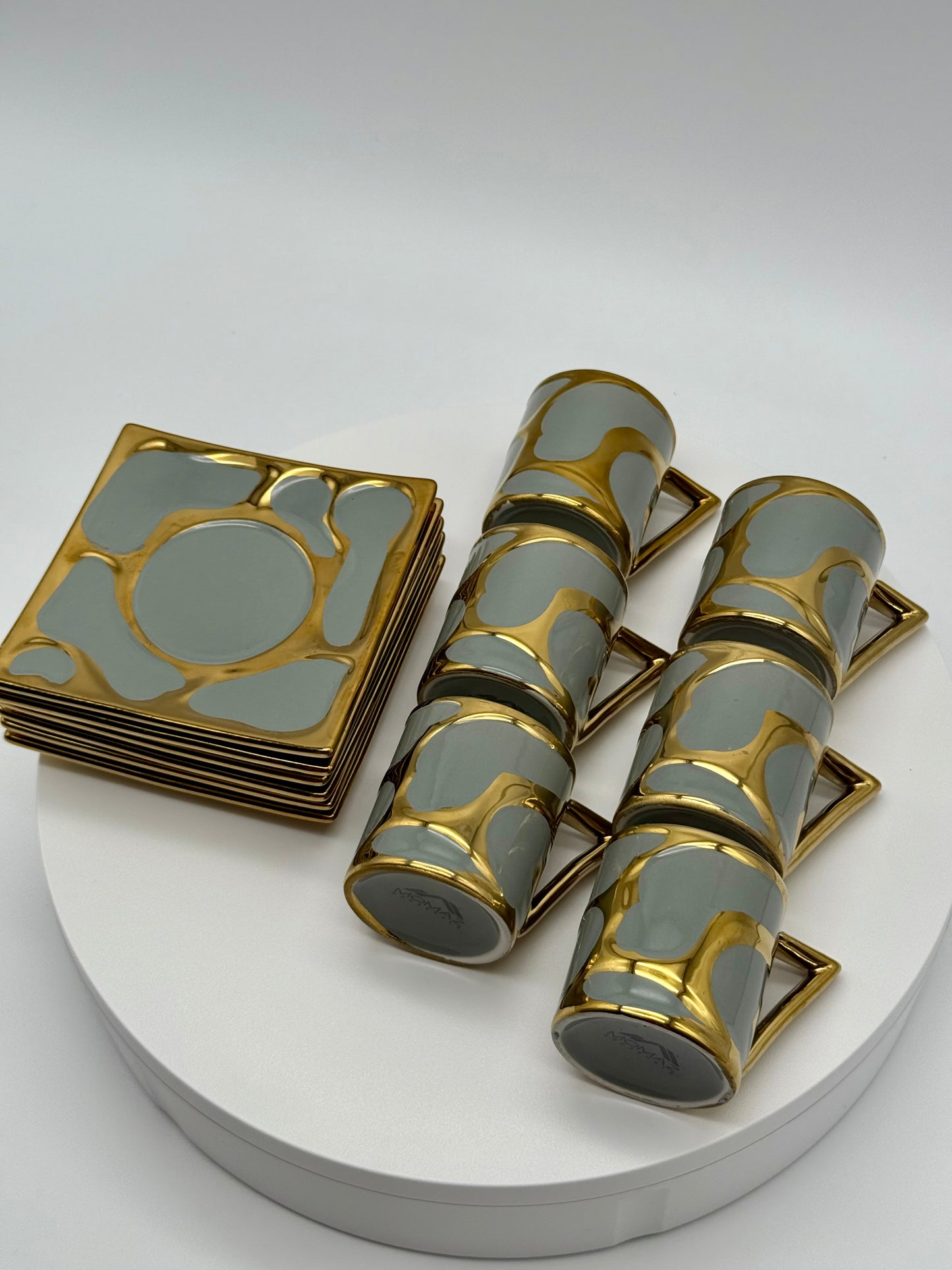 Luxury Modern Coffee Cup Set with Saucers – 12 Piece Espresso Cups & Plates, Gold and Gray Porcelain Coffee Mugs (6 Cups & 6 Saucers)