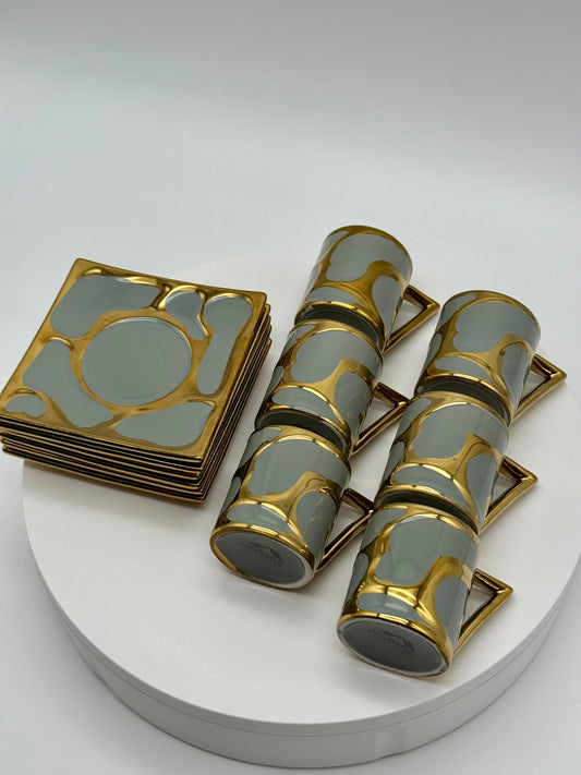 Luxury Modern Coffee Cup Set with Saucers – 12 Piece Espresso Cups & Plates, Gold and Gray Porcelain Coffee Mugs (6 Cups & 6 Saucers) Arabic Espresso Turkish Coffee