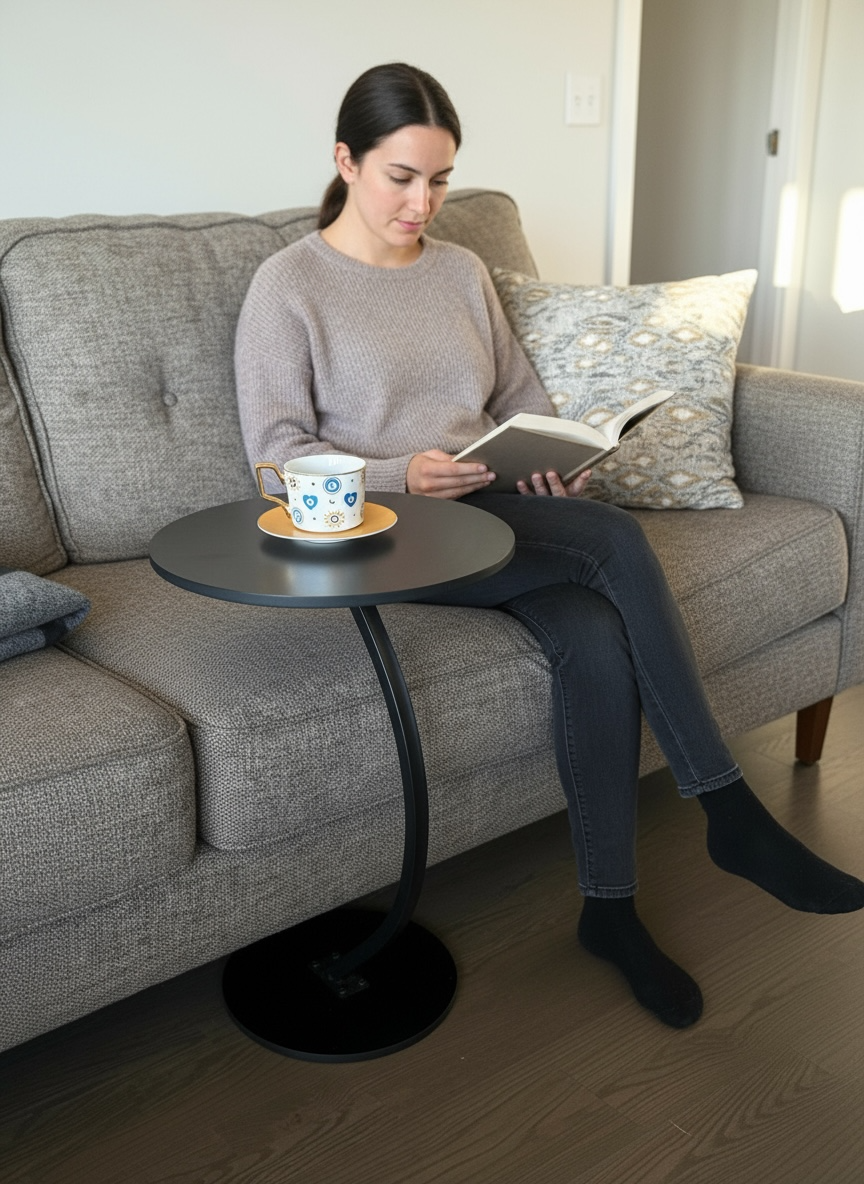 Black Modern C-Shaped Side Table - Sofa Laptop Desk for Small Spaces Living Room End Table