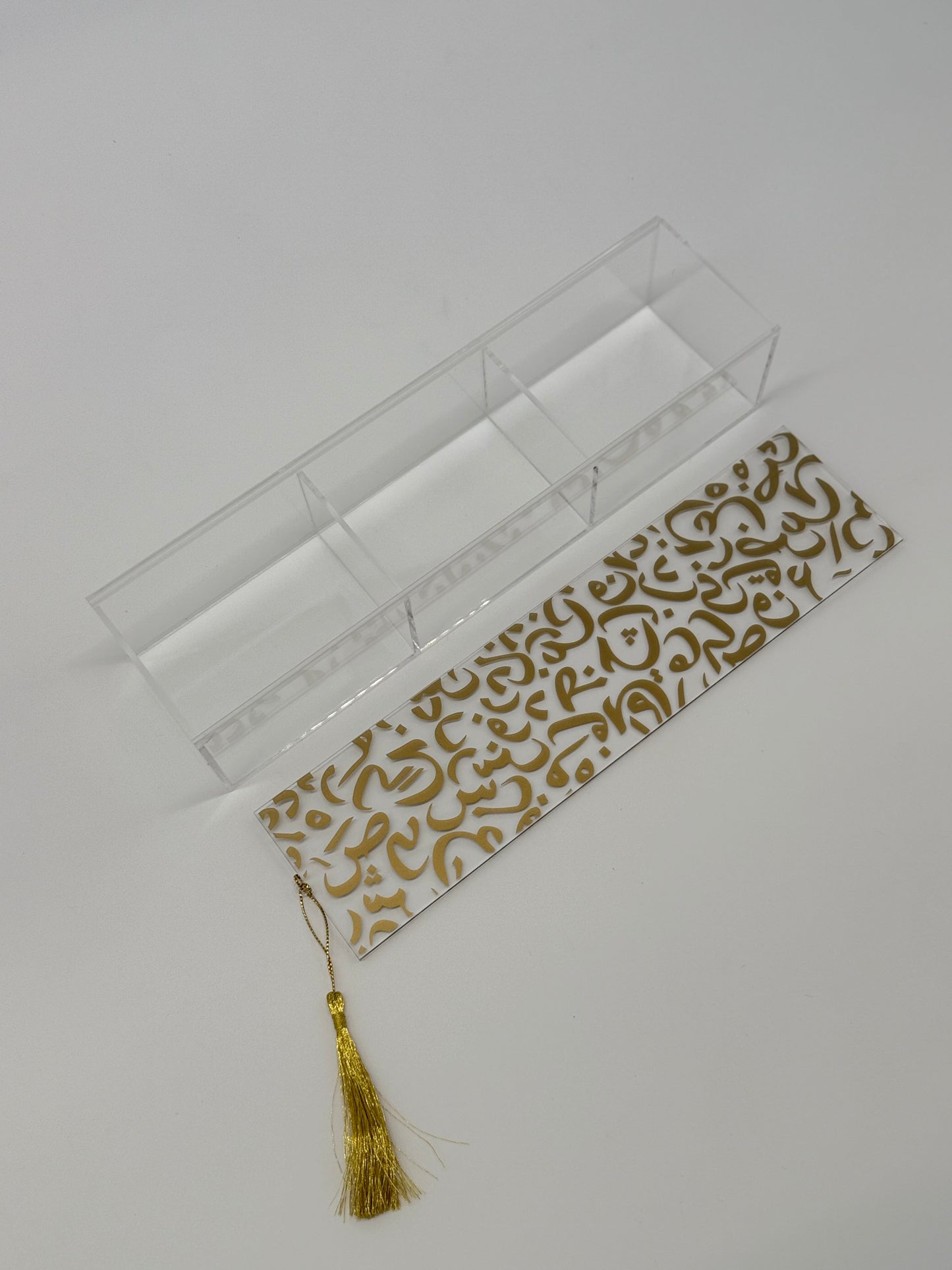 Arabic Calligraphy Ramadan Snack Jar – Acrylic Sliding Date Container with Gold Arabic Letters & Tassel | Islamic Eid Decor | Muslim Home Accent