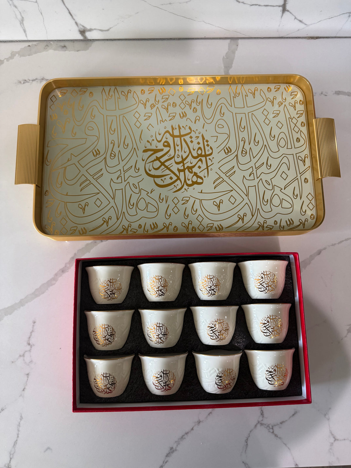 12 pcs Luxury Off-White Arabic Calligraphy Coffee Cup Set – 12 Piece Ceramic Espresso Arabic Turkish Cups Gift Ideas