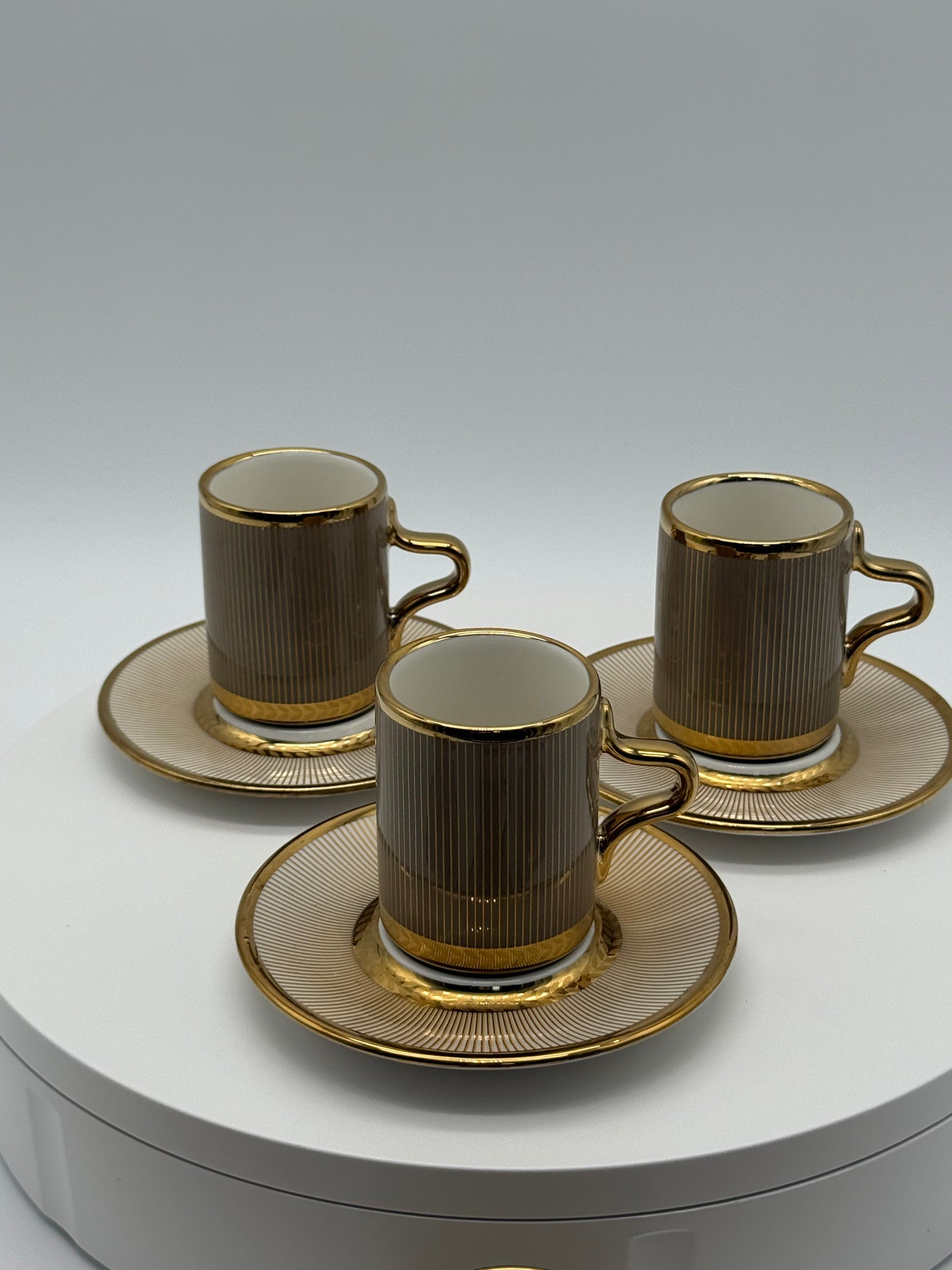Luxury Taupe & Gold Coffee Cup Set with Saucers – 12 Piece Modern Ceramic Turkish Arabic Espresso Cups (6 Cups & 6 Saucers) Mugs