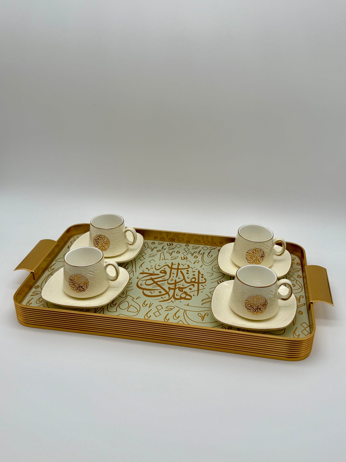 BUNDLE SET - Luxury Off-White Arabic Calligraphy Coffee Cup & Tray Set – 13 Piece Porcelain Espresso Cups with Glass & Metal Serving Tray