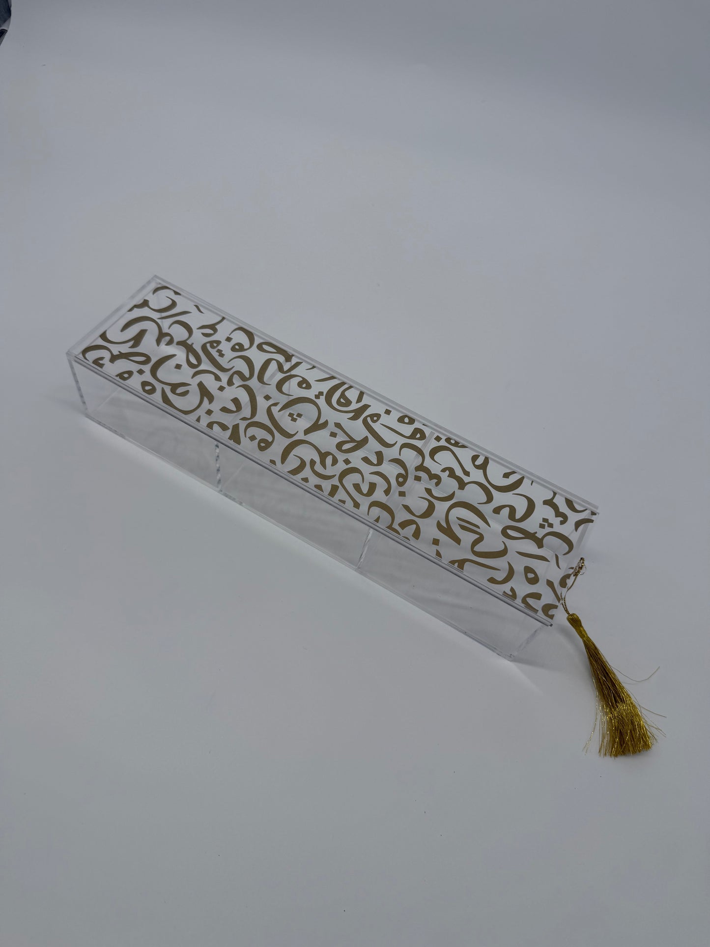 Arabic Calligraphy Ramadan Snack Jar – Acrylic Sliding Date Container with Gold Arabic Letters & Tassel | Islamic Eid Decor | Muslim Home Accent