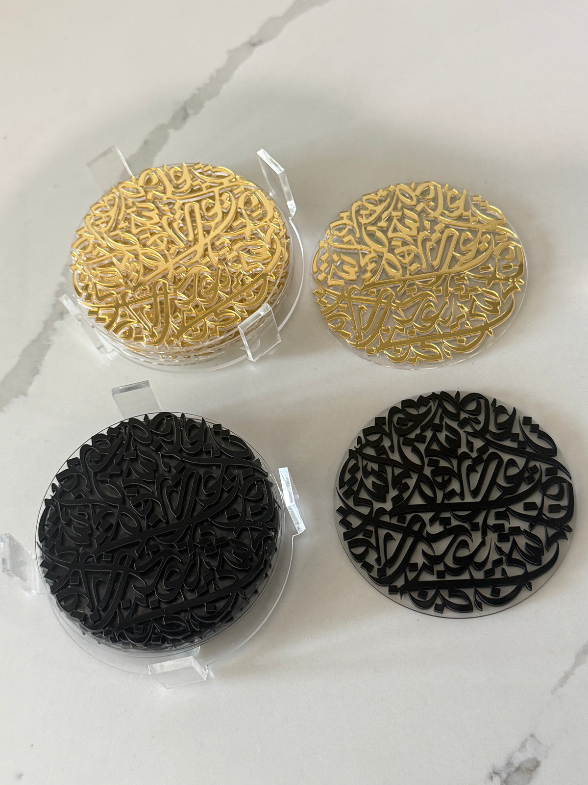 7 pcs Arabic Calligraphy Acrylic Coasters by Khatt By Randa | Black & Gold Set of 6 & Coaster Holder