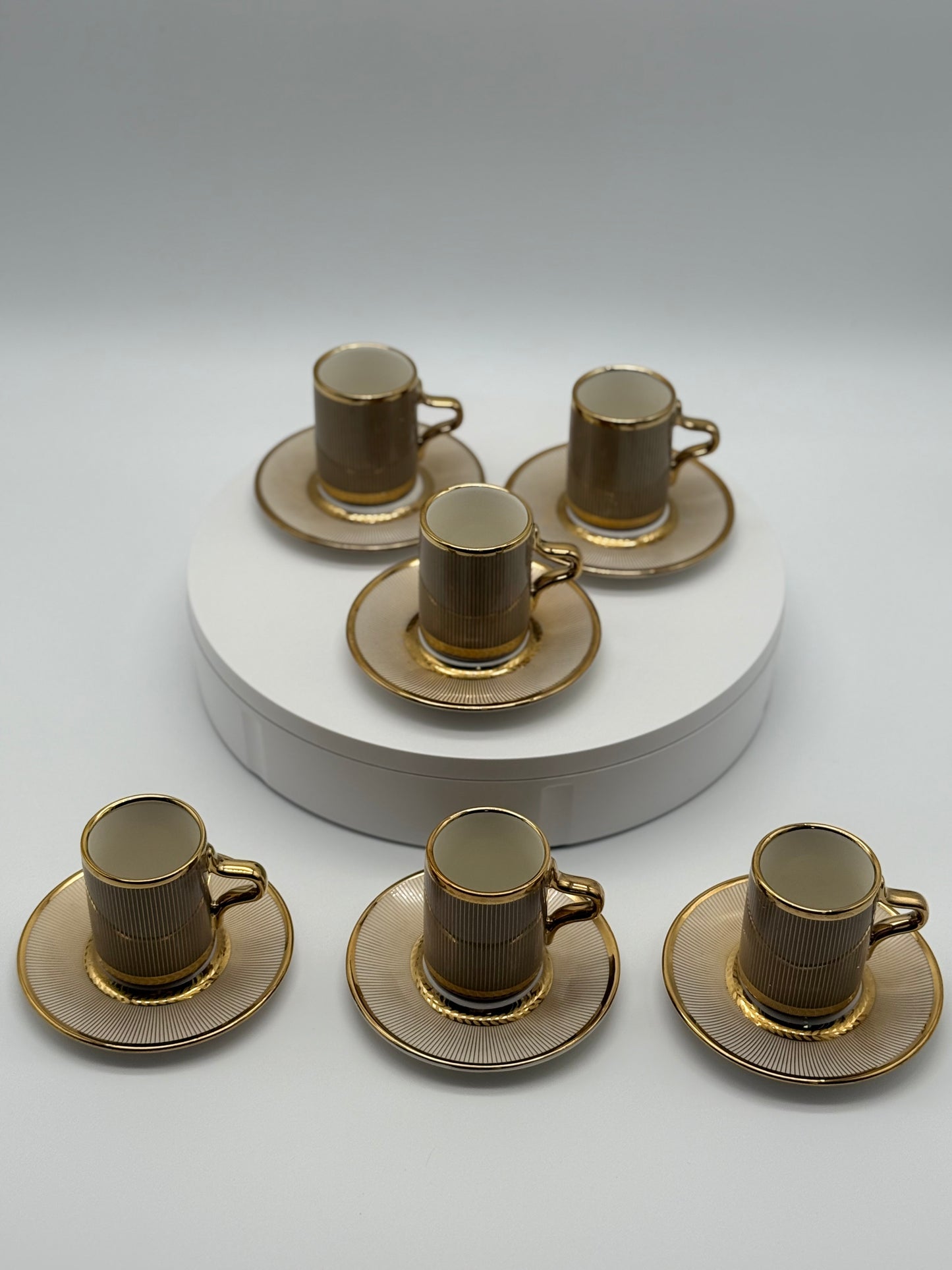 Luxury Taupe & Gold Coffee Cup Set with Saucers – 12 Piece Modern Ceramic Turkish Arabic Espresso Cups (6 Cups & 6 Saucers) Mugs