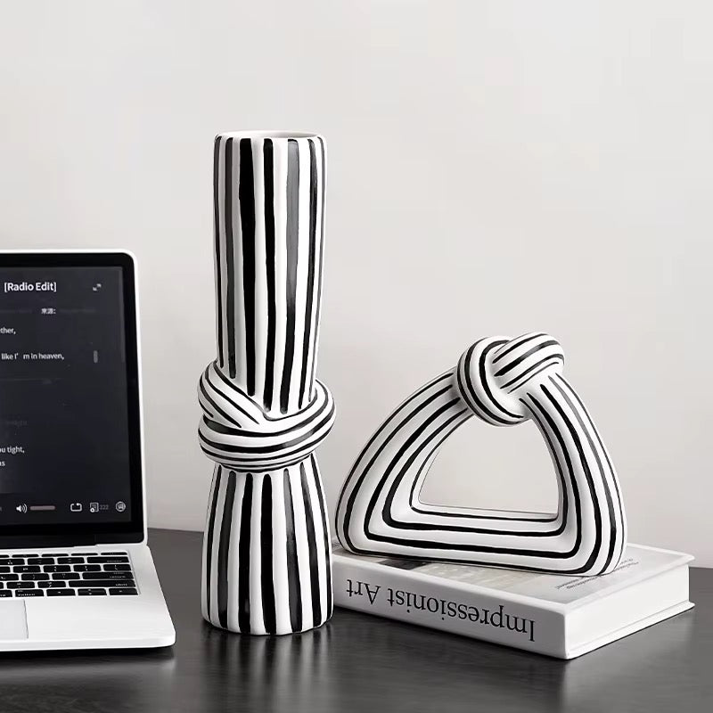 Black & White Striped Vase Set of 2 | Modern Sculptural Ceramic Vases | Chic Home Decor