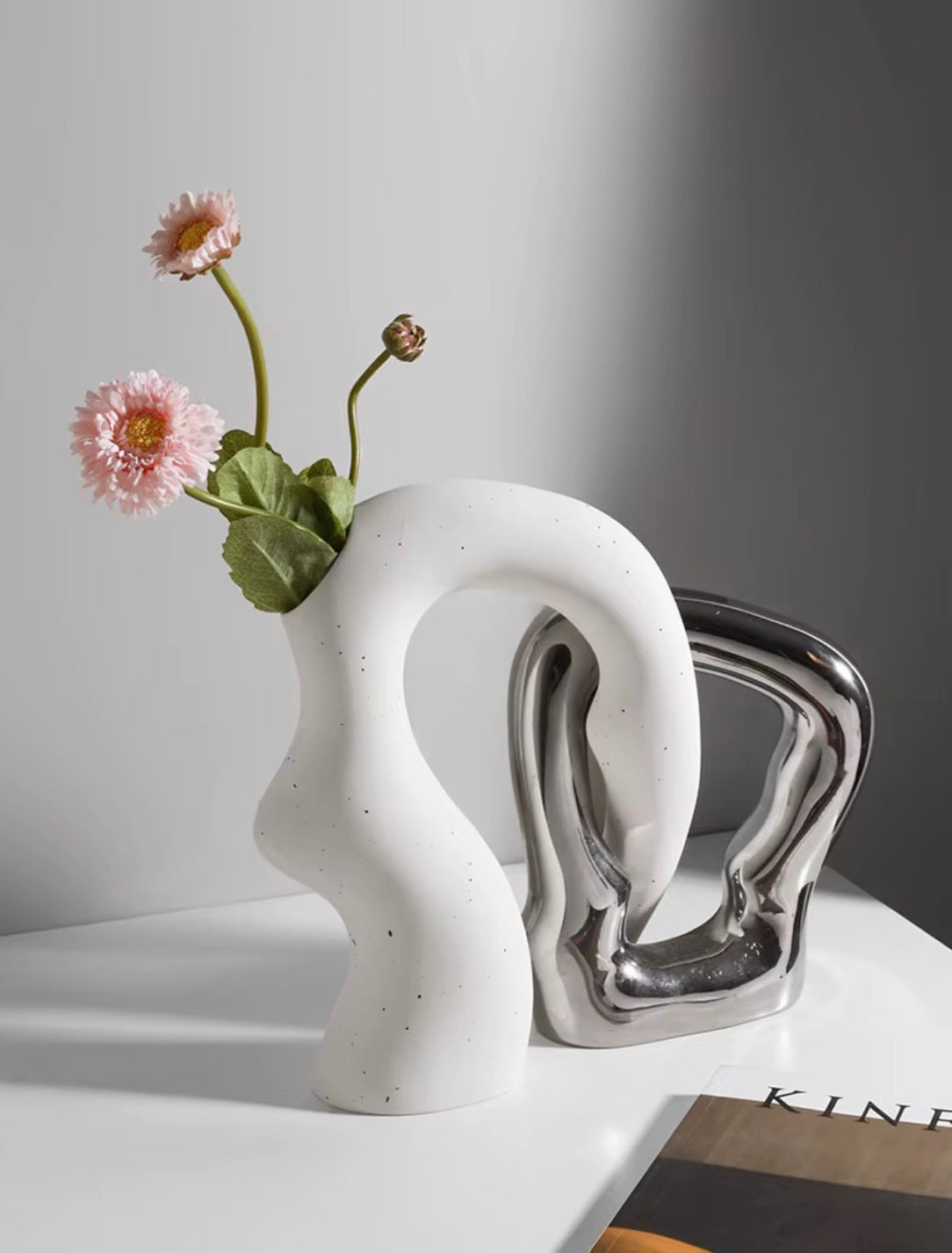 Modern Ceramic Intertwining Vase Set of 2 – White & Metallic Silver Sculptural Decorative Vases