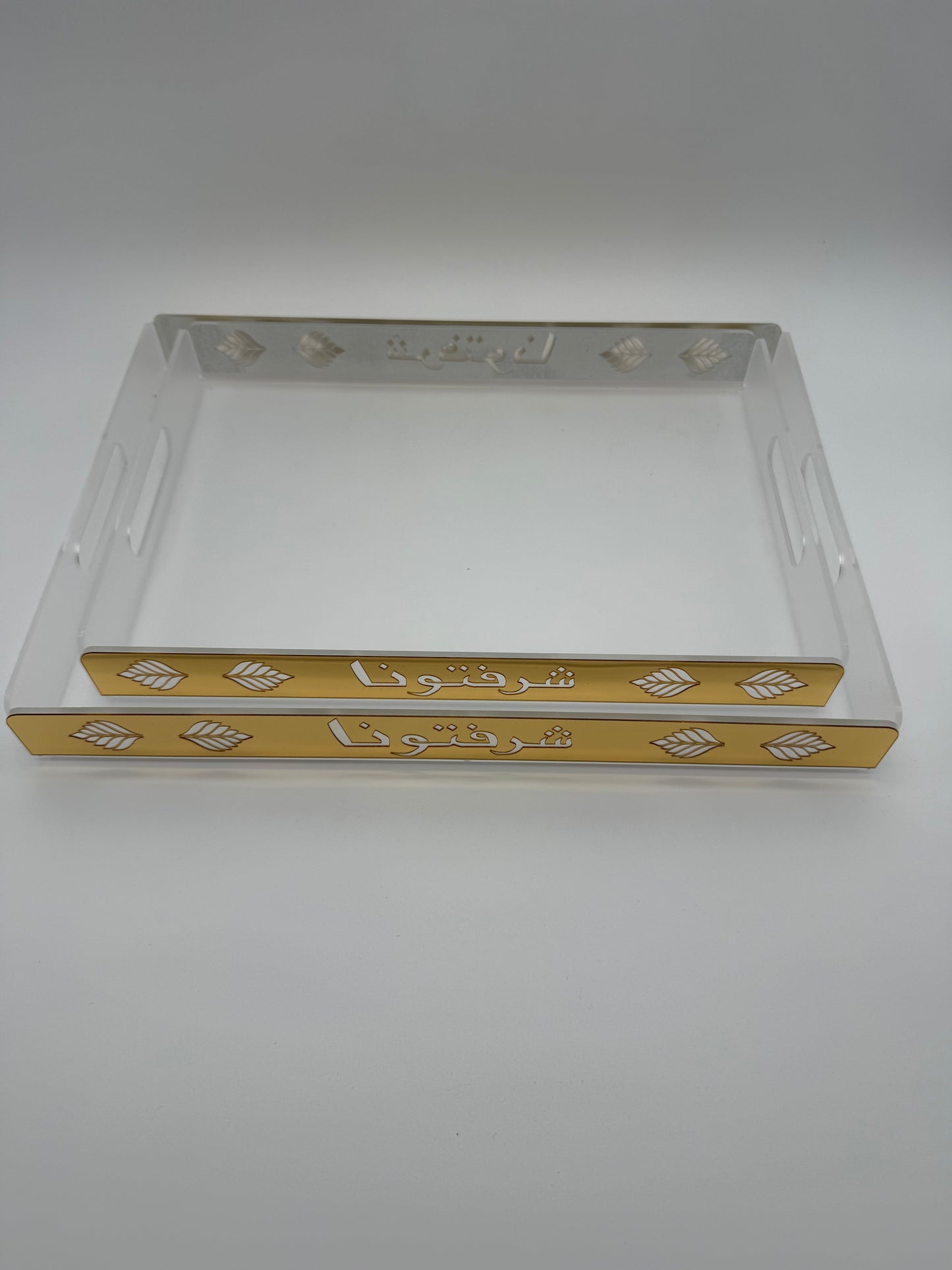 Set of 2 Arabic Calligraphy Serving Trays – “Sharaftuna” Guest Welcome Acrylic Trays (Gold, Modern Islamic Ramadan Eid Decor)