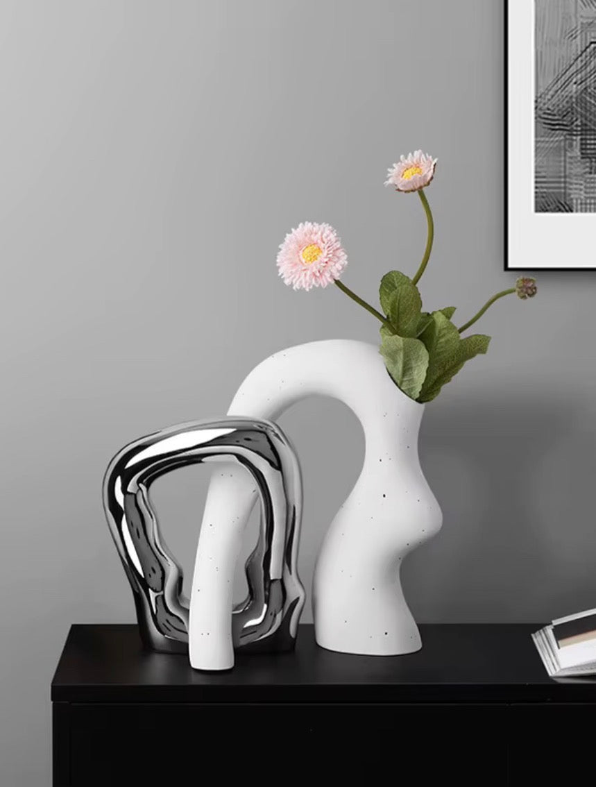 Modern Ceramic Intertwining Vase Set of 2 – White & Metallic Silver Sculptural Decorative Vases