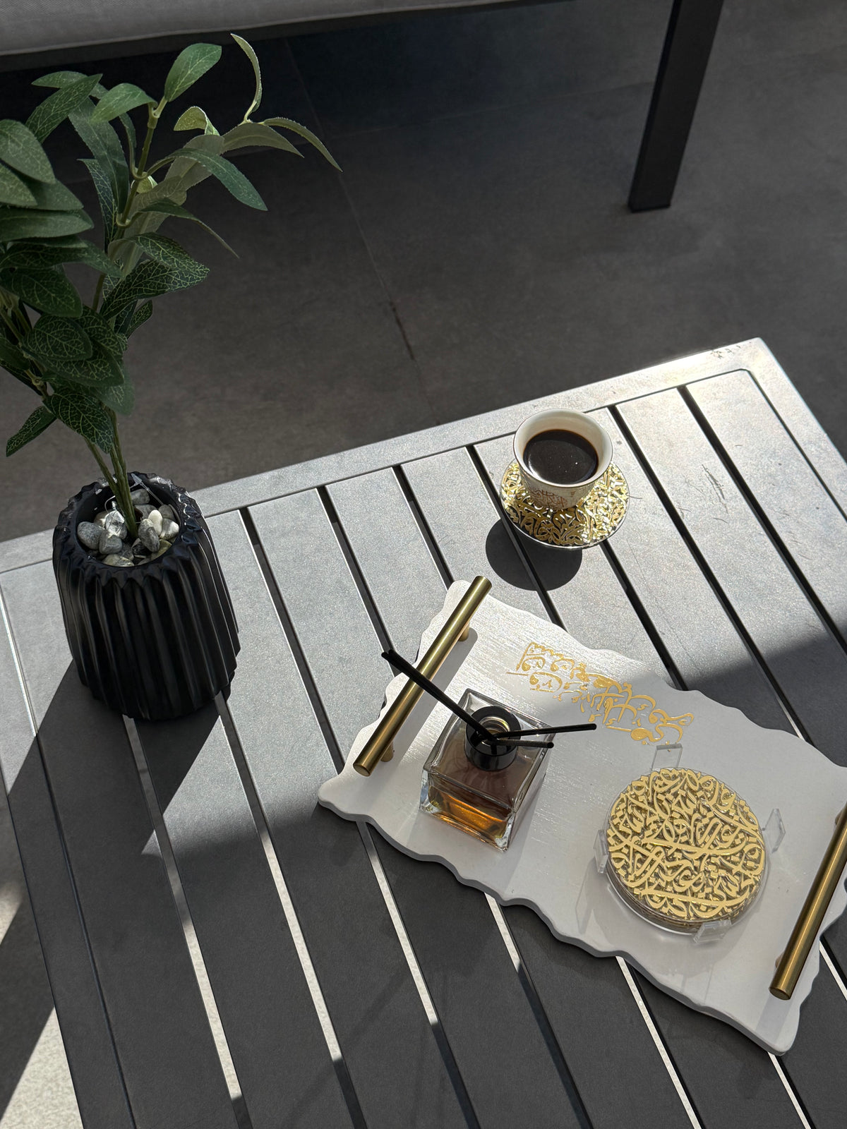 7 pcs Arabic Calligraphy Acrylic Coasters by Khatt By Randa | Black & Gold Set of 6 & Coaster Holder