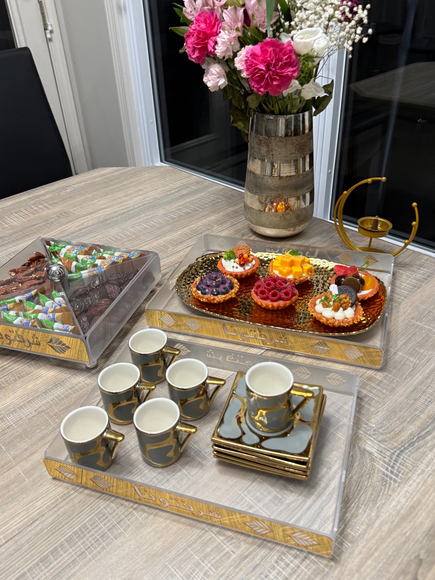 BUNDLE SET - 3 Pcs Arabic Calligraphy Acrylic Snack Organizer & Serving Trays – “Sharaftuna” 4-Section Candy, Dates & Nuts Box with Lid (Gold Ramadan Eid Decor)