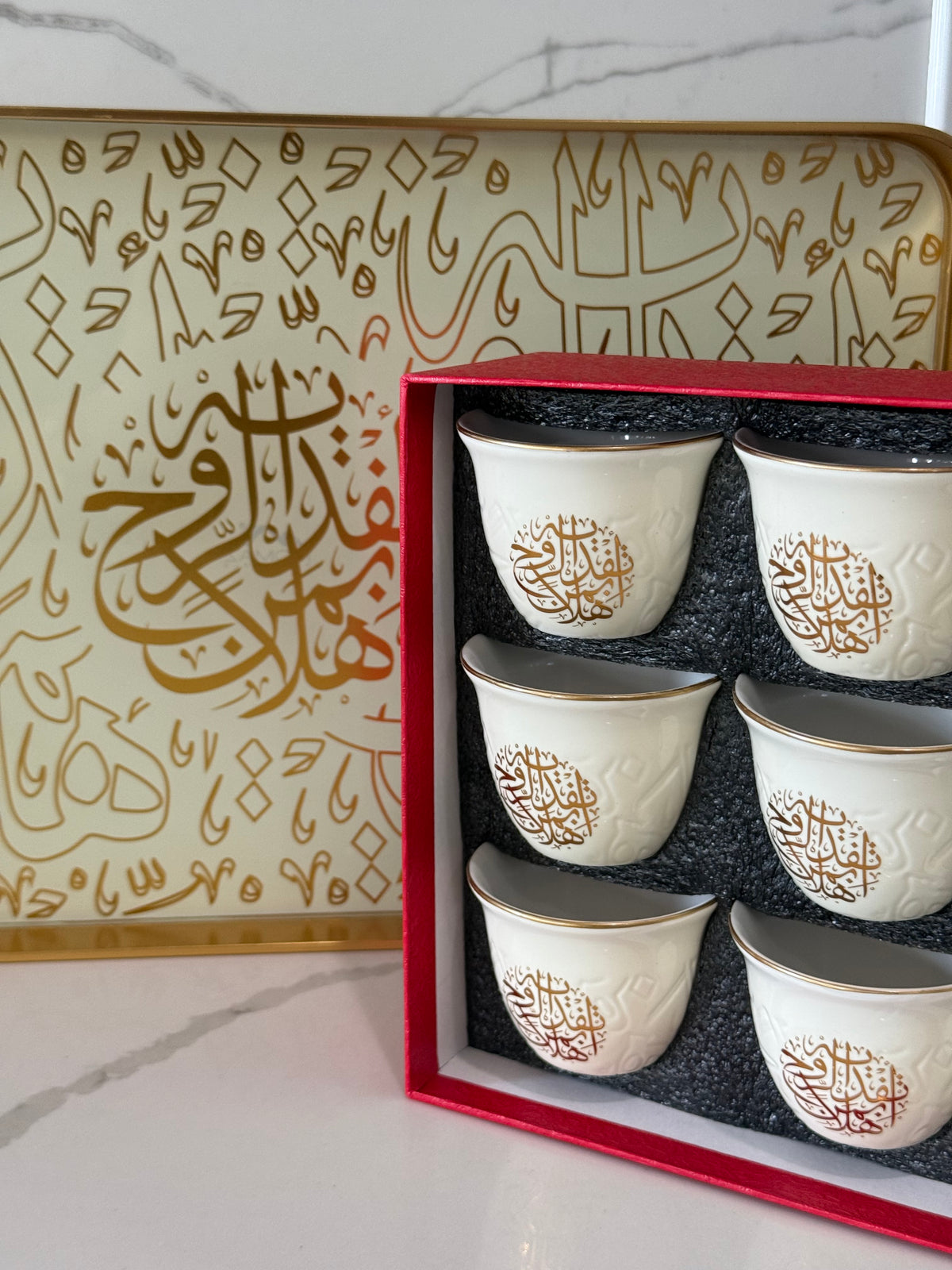 12 pcs Luxury Off-White Arabic Calligraphy Coffee Cup Set – 12 Piece Ceramic Espresso Arabic Turkish Cups Gift Ideas