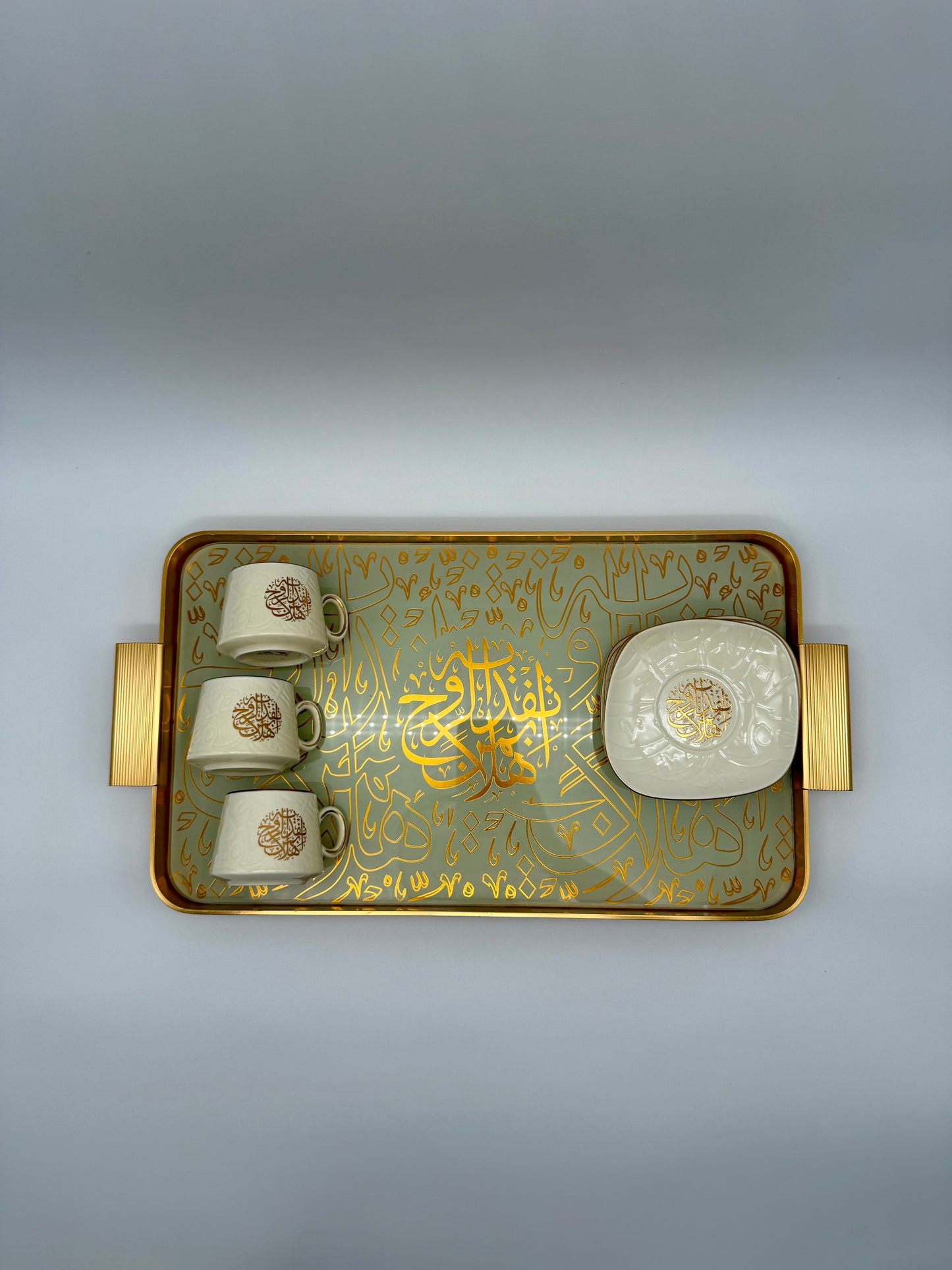 BUNDLE SET - Luxury Off-White Arabic Calligraphy Coffee Cup & Tray Set – 13 Piece Porcelain Espresso Cups with Glass & Metal Serving Tray