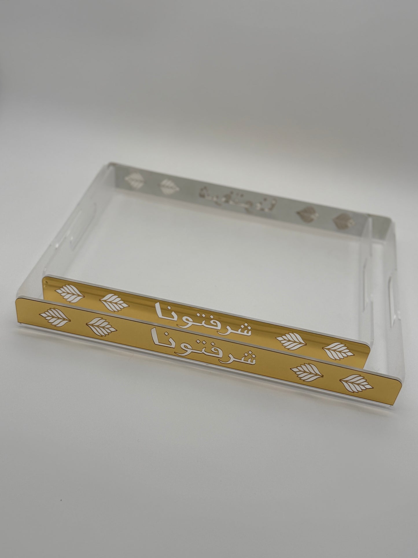 Set of 2 Arabic Calligraphy Serving Trays – “Sharaftuna” Guest Welcome Acrylic Trays (Gold, Modern Islamic Ramadan Eid Decor)