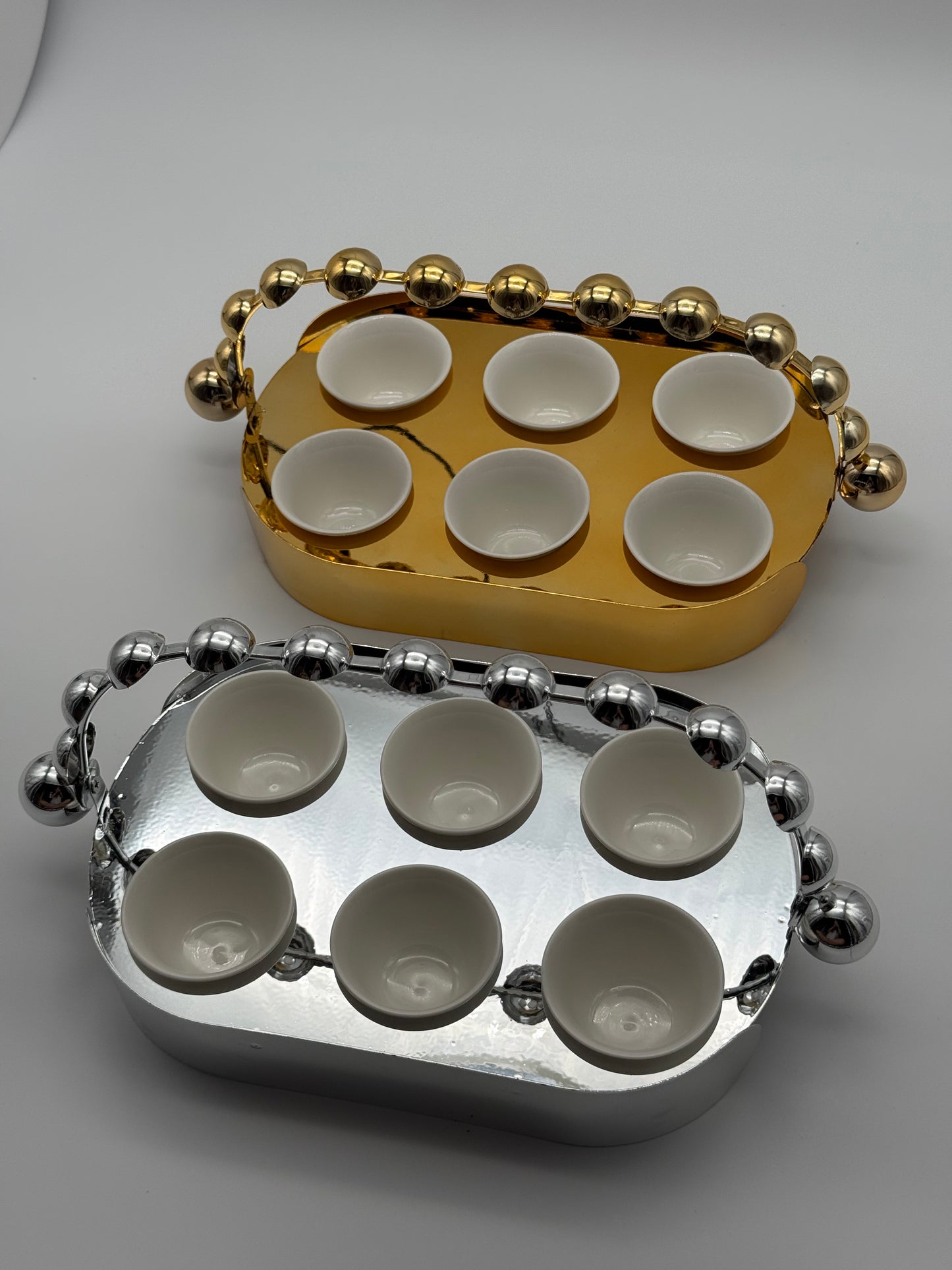 Luxury Metal Coffee Cup Holder Set with 6 Porcelain Cups – 7 Piece Espresso/Arabic Coffee Serving Set (Gold or Silver)