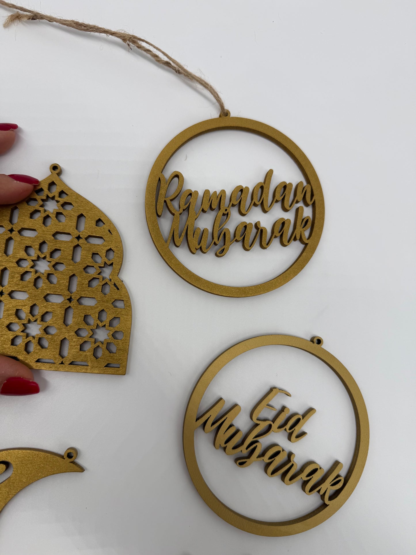 Ramadan Eid Ornaments Set – Islamic Wooden & Gold Decorations | Arabic Ramadan Decor | Muslim Holiday Tree Ornaments (Set of 7)