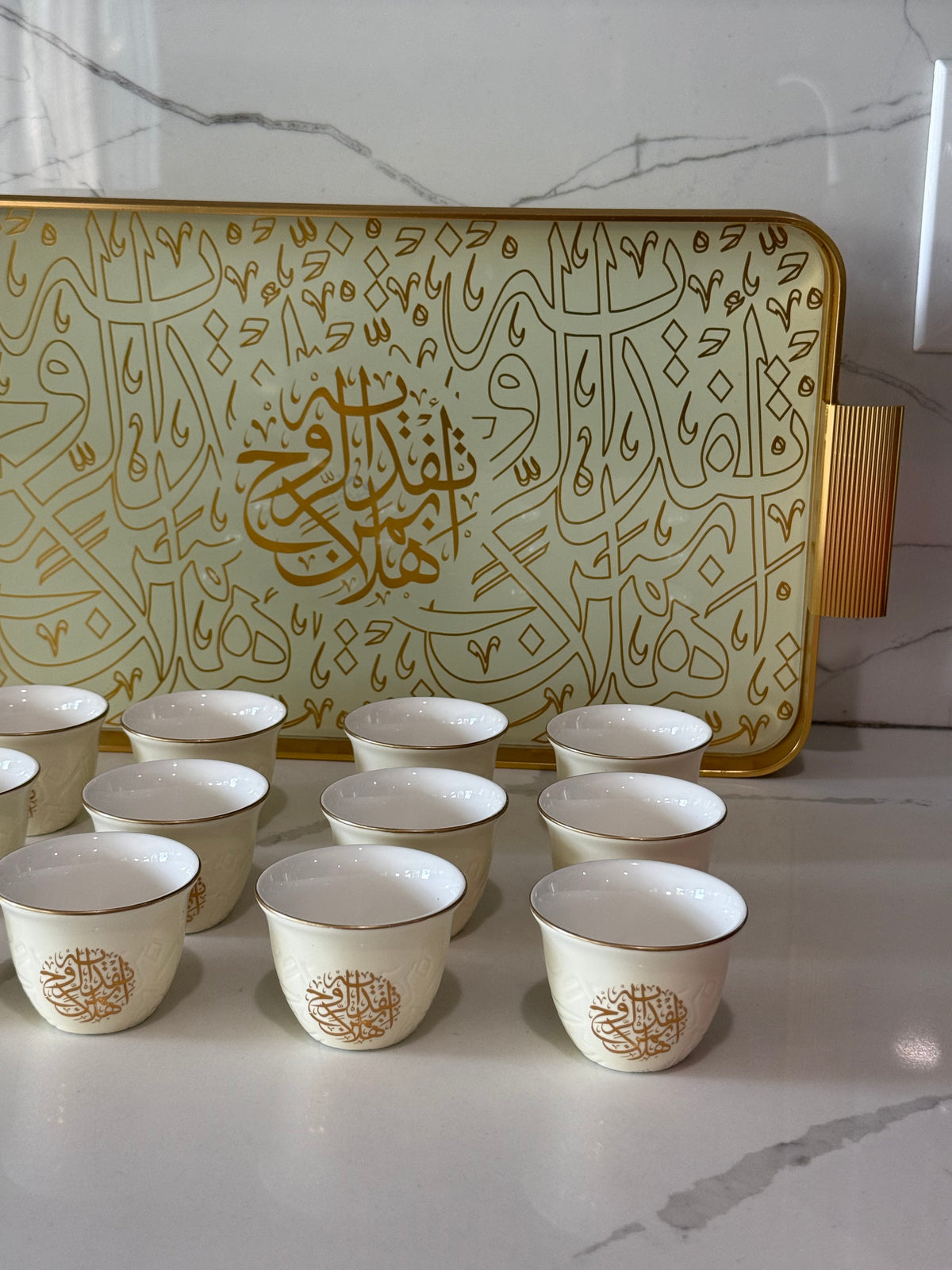 12 pcs Luxury Off-White Arabic Calligraphy Coffee Cup Set – 12 Piece Ceramic Espresso Arabic Turkish Cups Gift Ideas
