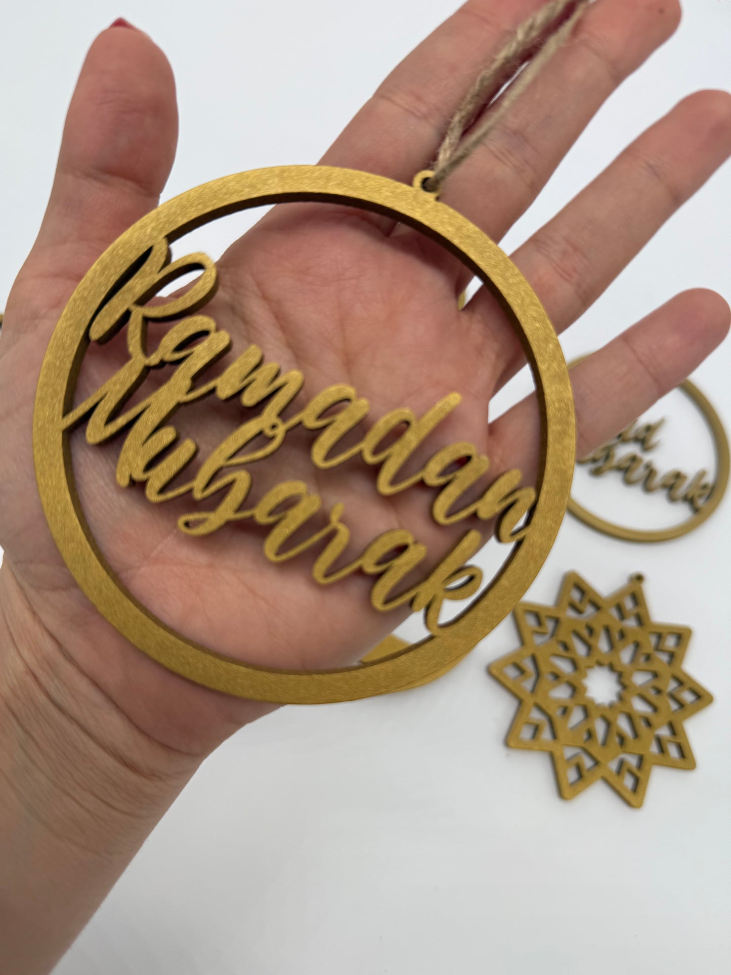 Ramadan Eid Ornaments Set – Islamic Wooden & Gold Decorations | Arabic Ramadan Decor | Muslim Holiday Tree Ornaments (Set of 7)