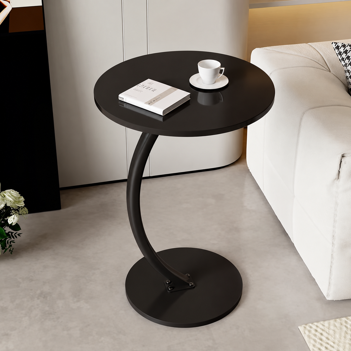 Black Modern C-Shaped Side Table - Sofa Laptop Desk for Small Spaces Living Room End Table