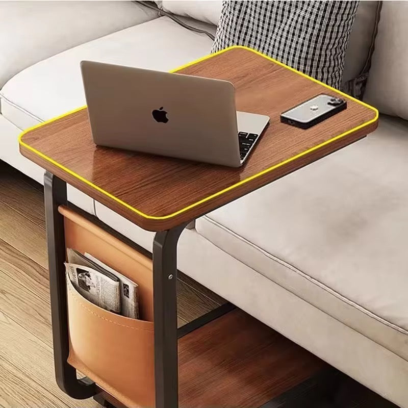 Walnut Brown Wood C-Shaped Sofa End Table with Fabric Storage Basket & Wheels - Couch Side Tray Table