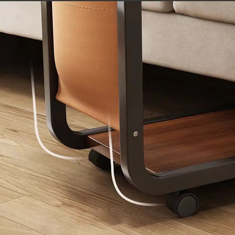 Walnut Brown Wood C-Shaped Sofa End Table with Fabric Storage Basket & Wheels - Couch Side Tray Table