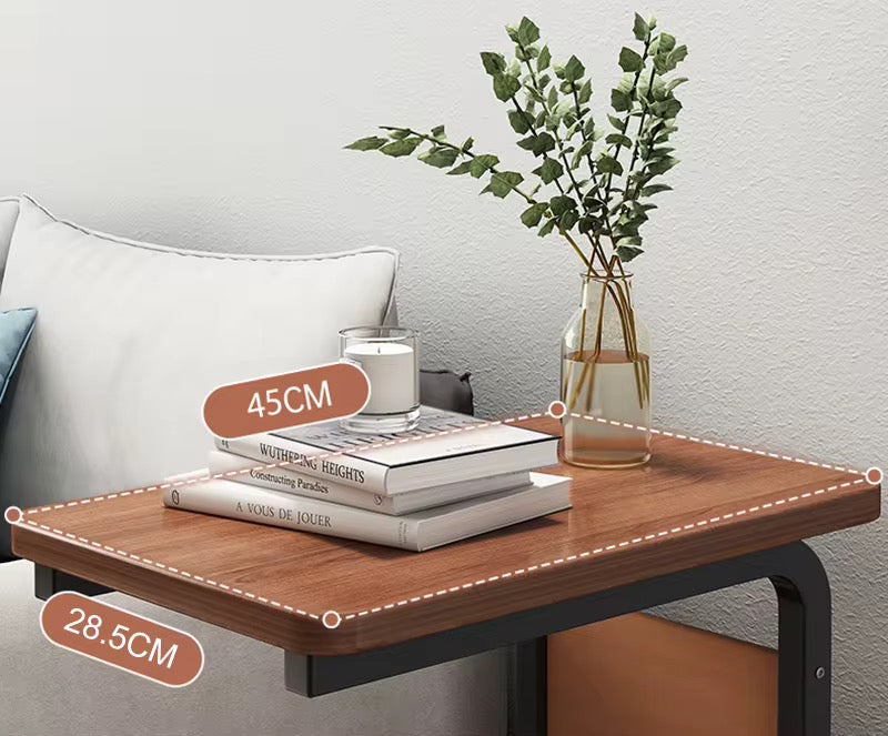 Walnut Brown Wood C-Shaped Sofa End Table with Fabric Storage Basket & Wheels - Couch Side Tray Table
