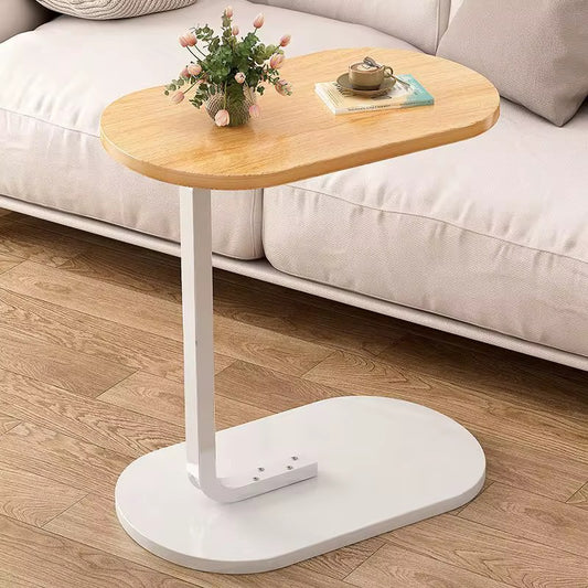 Modern C-Shaped Side Table - Light Brown Beige Wood Color Top with White Wood Base - Couch Laptop Stand End Table