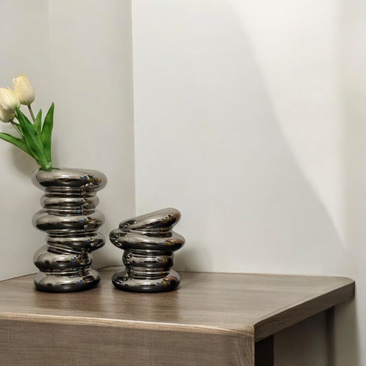 Metallic Stacking Vases Set of 2 Luxury Modern Home Decor Grey Silver Minimalist Minimalism Contemporary Unique Vase